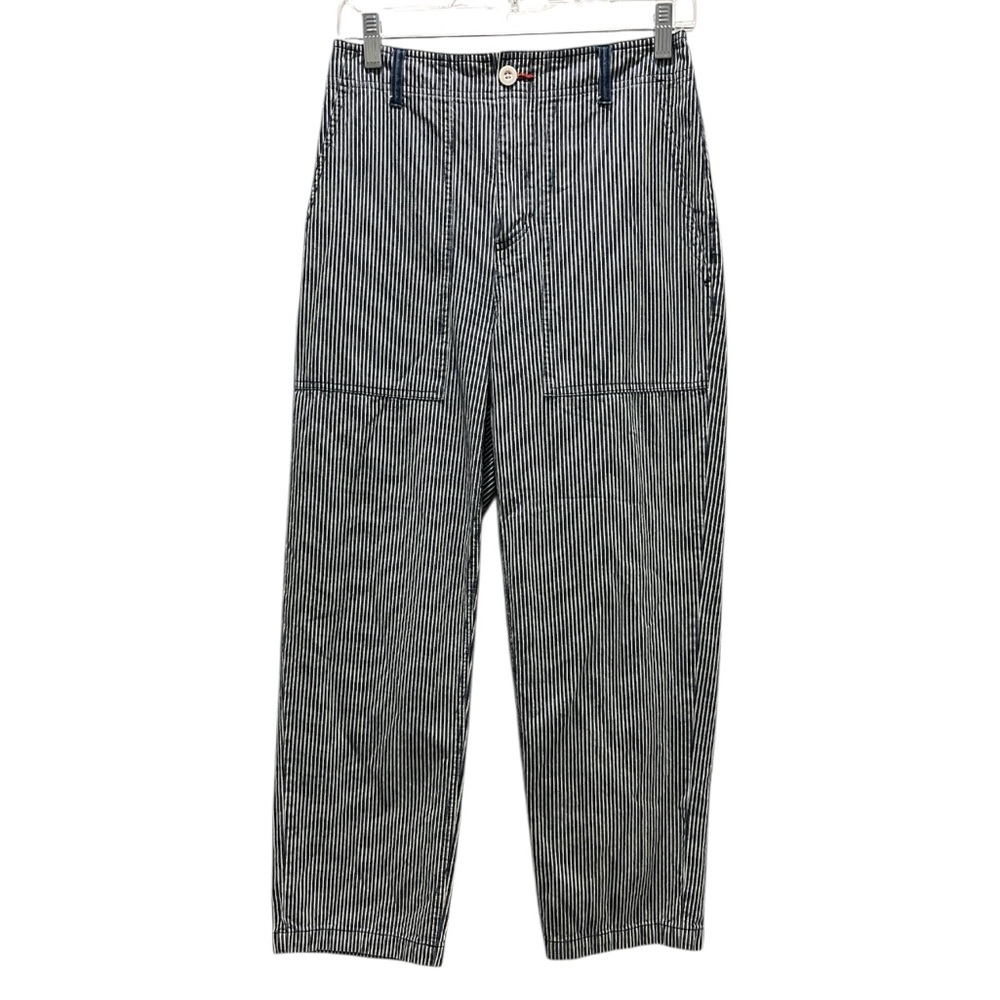 Brixton Pin Striped Straight Leg High Rise Cotton Crop Pants 25 Blue White